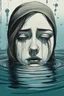 Placeholder: Artwork of t-shirt, Wide angle, half of face on water surface of a woman eyes are full of tears in swimming pool. Broken heart, sadness, down deep