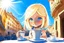 Placeholder: contented cute blonde blue eyed chibi girl drinking coffee in Italy in sunshine