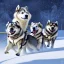 Placeholder: Create an image of sledge dogs that drag a sled in the snowy expanses of Alaska on which sit four Eskimo children dressed in white bear fur coats, the sled makes deep tracks in the snow, in the background of his circle in front of which stands an Eskimo hunter with a catch of fish, afternoon photo, outdoor photo, photo Realistic, 18K, wide lens