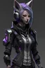 Placeholder: Kitsune female with black, grey, white, and purple coloration and clothing in a realistic style cyberpunk