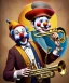 Placeholder: happy and funny old friendly clown with round head and trimmed beard playing jazz with a steampunk theme, trumpet on mouth, carnival, dreamy