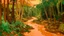 Placeholder: A light rosy orange rainforest with a toxic river painted by Vincent van Gogh