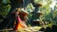 Placeholder: A slender, witchy woman in a flowing, colourful, wispy dress, holding a long, twisted staff, standing outside a gnarly, ancient, large mushroom house built into a tree, surrounded by lush, vibrant, Pandora-like woodland, on a bright, sunny day, with warm, golden light.