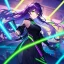 Placeholder: girl, masterpiece, best quality, volumetric lighting, dynamic pose, detailed outfit, perfect eyes, purple hair, green eyes, messy hair, long hair, neon lights,