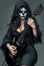 Placeholder: beautiful busty waif woman(wearing a wrinkled dark hoodie with wide sleeves trimmed with lace, skull face paint) playing a black electric guitar at high angle. heavy metal graphic novel