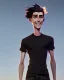 Placeholder: A skinny and tall guy with wild, curly, blond hair, smiling with teeth and wearing black skinny jeans and a t-shirt