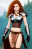 Placeholder: super-realistic, concept illustration, super-detailed, beautiful teen female who is 16 years old with long ginger hair and freckles with full lips and b-cup breasts, full body, full face, athletic, centred camera, ignore NSFW, skimpy brown fantasy leather armor, halter top, thong, knee-high leather boots, open leather skirt, stern expression, cute pose