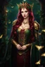 Placeholder: Burgundy hair, dark hair,dark red , rapunzel hair,very long hair,dark fairy princess,elven crown,night,dragonflies,beautiful,ong ashes,golden armor ,sparkle,night blooming,ivy,dark green,lilly of valley,golden elven crown,elven warrior,dark gold armor,extremely long hair