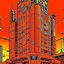 Placeholder: cyberpunk retro futuristic for comics skyscraper from far away in orange
