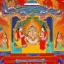 Placeholder: spiritual consciousness of Indian temple architecture in Tibetian painting style surrounded by mystical creatures performing fire ritual