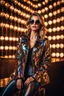 Placeholder: Full body Real photography beautiful woman super model European on fashion style dressing luxury jacket diamonds patterns,sunglasses,turn on music DJ player in disco club