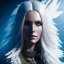 Placeholder: A beautiful portrait of a cute cyberpunk woman with long blond hair, high key lighting, volumetric light high details with white stripes and feathers and blue luminous celtic paterns