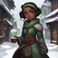 Placeholder: Abannah is a female redguard with dark skin plated dark hair and a brown headband dressed in a winter dress of green and dark green swirls and walks around the snowy streets of Windhelm with a glass of wine in her hand, in chibi art style