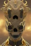 Placeholder: black male African alien, cracks in the voodoo head, wicked, diamond eyes, crown, blood, 8k, finely detailed, photo realistic, leopard style turquoise skull head gold dragon space alien rain skeleton gold teeth silver crown silver space suit spaceships