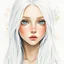 Placeholder: A young woman with long white hair, white eyebrows, silver eyes, long eyelashes, very pale complexion, ((very shy)), watercolor splotchy background, soft brushstrokes, intricately detailed