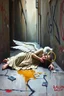 Placeholder: Abstract grunge oil painting of an Urban alley grunge scene, fallen angel laying on ground in ripped robes, white stained wings, feathers misplaced, slight glowing, but broken halo. Dirty walls, graffiti in Latin, oil on the ground. Harsh shadows and goth undertones. areal view looking down , messy brush strokes, close up