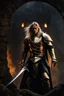 Placeholder: 40 year man with lightly tanned skin and long blonde hair, wearing black armour with a golden wolf on his chest, dark fantasy