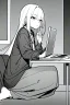 Placeholder: thin hacker girl use a laptop sitting in a cafe, line arts, greyscale