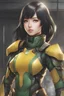 Placeholder: a young female Yuantai with black hair green skin and yellow eyes in stealth armor