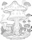 Placeholder: Coloring pages: Whimsical lion in A magical mushroom haven, complete with whimsical fairy houses and enchanting toadstools.