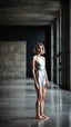 Placeholder: beautiful asian anorexic woman, total shot, short silver triathlon swimsuit, short blond wavy bob hair, blurred concrete background