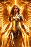 Placeholder: Photograph pretty girl Angel wearing armor long hair stand face front in impact picture,translucent and glowing metallic patterns,glowing metal objects hovering in the air and surrounding him,Electric arcs and sparks,flow of energy,translucent magnetic lines,golden and shimmering light effects