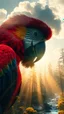 Placeholder: portrait of a colorful parrot Double exposure surreal digital art of a mysterious , his face in profile, blending seamlessly into the shape of the clouds . a magical forest scene unfolds, illuminated by golden light rays, with tall trees and a flowing river.