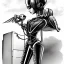 Placeholder: great illustrator, spanish, pencil sketch of a cute girl, beautiful, steampunk syle, black and white. Helmet with tubes. Machinery in the background. robotic bird flying. High details.