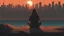 Placeholder: A guy in a hoodie sitting and smocking on a cliff in front of a city with sydney-like skyscrapers, in a sunrise. view from behind. Arcane french animation style, but the sunrise is more abstract malevich-style