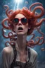 Placeholder: skinny woman clutched by an octopus, hair from octopus tentacles, brown eyes, red hair, octopus on head, falling comets, reflective sunglasses, heavy rain, outer space, shooting stars, dramatic light, laser beams, space war, battlefield