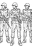 Placeholder: Outline art for coloring page OF A TOY SET OF FOUR SMALL AMERICAN PLASTIC TOY ARMY SOLDIERS, coloring page, white background, Sketch style, only use outline, clean line art, white background, no shadows, no shading, no color, clear