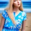 Placeholder: Beautiful sunny face woman blue eyes long blond hair in an hippy blue flower dress on a beach, unreal engine, 4k