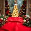 Placeholder: Beautiful Top Angle View Of A Table With Beautiful Christmas Ornaments On Both Sides Leaving The Center Of Table Empty With Red Silky Cloth With Beautiful Bokeh Background.