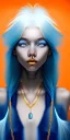 Placeholder: human kingfisher girl with blue hair and orange strand of hair wearing a blue winter coat and a gold necklace