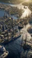 Placeholder: A top view of the Mesopotamian city by the river 5000 bc with sailing boats and a tower temple,surrealism of the dark of a nightmare ten miles high and six foot deep, hyper photorealistic, hyper detailed clear art color, high resolution, octane render, tilt shift, HDRI Environment, all pictures gray