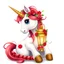 Placeholder: a beautiful white unicorn with a golden horn, expressive blue eyes, her mane is red, and green with some christmas flowers woven in very sparkly, her tail is braided and laying beside her back legs in red and green, she is sitting upright and her front hoofs are holding a gold lantern that has christmas flowers on it, background is white.