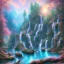 Placeholder: turquoise river, sun, waterfalls, pink fairy castle