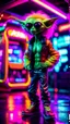 Placeholder: sexy stunt furry hairy alien pimp rocker gremlin in telephone both parked in dark neon lit reflective wet arcade hall tunnel,bokeh like f/0.8, tilt-shift lens 8k, high detail, smooth render, down-light, unreal engine, prize winning