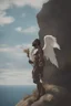 Placeholder: a close up side profile image of an attractive dark male angel, smiling and looking over the horizon on a very high cliff, 8k quality, supper realistic