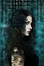 Placeholder: double exposure collage portrait from digital wall in the matrix with binary codes, numbers, strange dark colors plants, shadows and thin black sharp lines with shadows and dark spots. The zippered edge of the photo is down and the background is a young woman's pale face gothic make up, long, big hair. high detailed, cinematic, thriller mood, dark weird art style