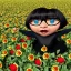 Placeholder: Edna Mode from the Incredibles lying in a field of flowers and watermelons, computer generated graphics