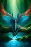 Placeholder: Create a realistic image of this image as a dragon with four legs in a forest with a pond.