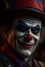 Placeholder: face shot, male Clown of the circus of Keira Neightly, intricate, beautiful detailed intricate, 8K, cinematic, 4k, sharp focus, concept art of detailed character design, layered fine detailed coal texture, dim dusk, atmospheric lighting, 8K, award winning details, friendly laughing sad smal clown, Award Winning, 8k, Photorealistic, Artstation, Unreal Engine, 8k Resolution, Hyperrealism award winning, 8k