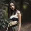 Placeholder: pretty girl, young adult, brunette, conventionally attractive, full length, crop top, skirt,