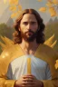 Placeholder: Jesus portrait , detailed hands, at dawn by atey ghailan, golden light , white robe, holding leaves and flowers , angels background, volumetric light, high detail, red leaf tree, mountains in background, perfect