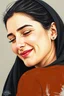 Placeholder: Palestinian woman with a beautiful face, turning her face slightly to the right, with a beautiful smile, and her mouth closed, not showing her teeth, she looks drawn with oil paints