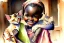 Placeholder: A cute smiling African girl is holding a kitten. Watercolour