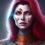 Placeholder: Fantasy setting, woman, dark-skinned, indian, ranger, 23 years old, wavy hair, red streaked hair, less red hair, shaved side haircut