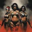 Placeholder: [art by Dave McKean and Katie Kush & Kenna James] Rebirthing undies two gorgons armoured female warriors covered with tattoos ready to fight on the battlefield under dust and blood