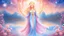 Placeholder: Create an image of a full body cosmic goddess. the goddess should be depicted as a beautiful and powerful figure, surrounded by cosmic stars. her hair should be long, blond and flowing, and she should be dressed in a flowing gown blue celestial robe. in the background, include imagery of pink flowers, blue sky, trees. the image should evoke a sense of joy, celebration, and spiritual connection to nature.